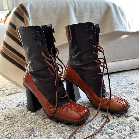 (SOLD) Miu Miu FW 1999 brown and orange patent leather heels high boots - Picture 4 of 9